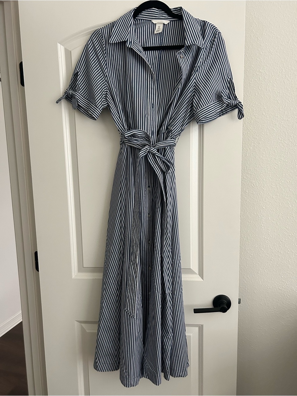 H&M Navy and White Striped Maxi Shirt Dress with Tie Waist
